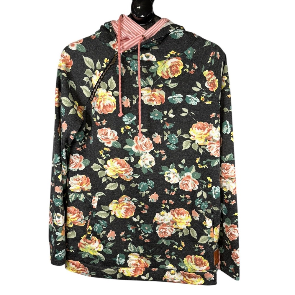 Ampersand Ave Floral Hoodie Womens XL Charcoal Grey Pink Rose Stripe Zip Accent
